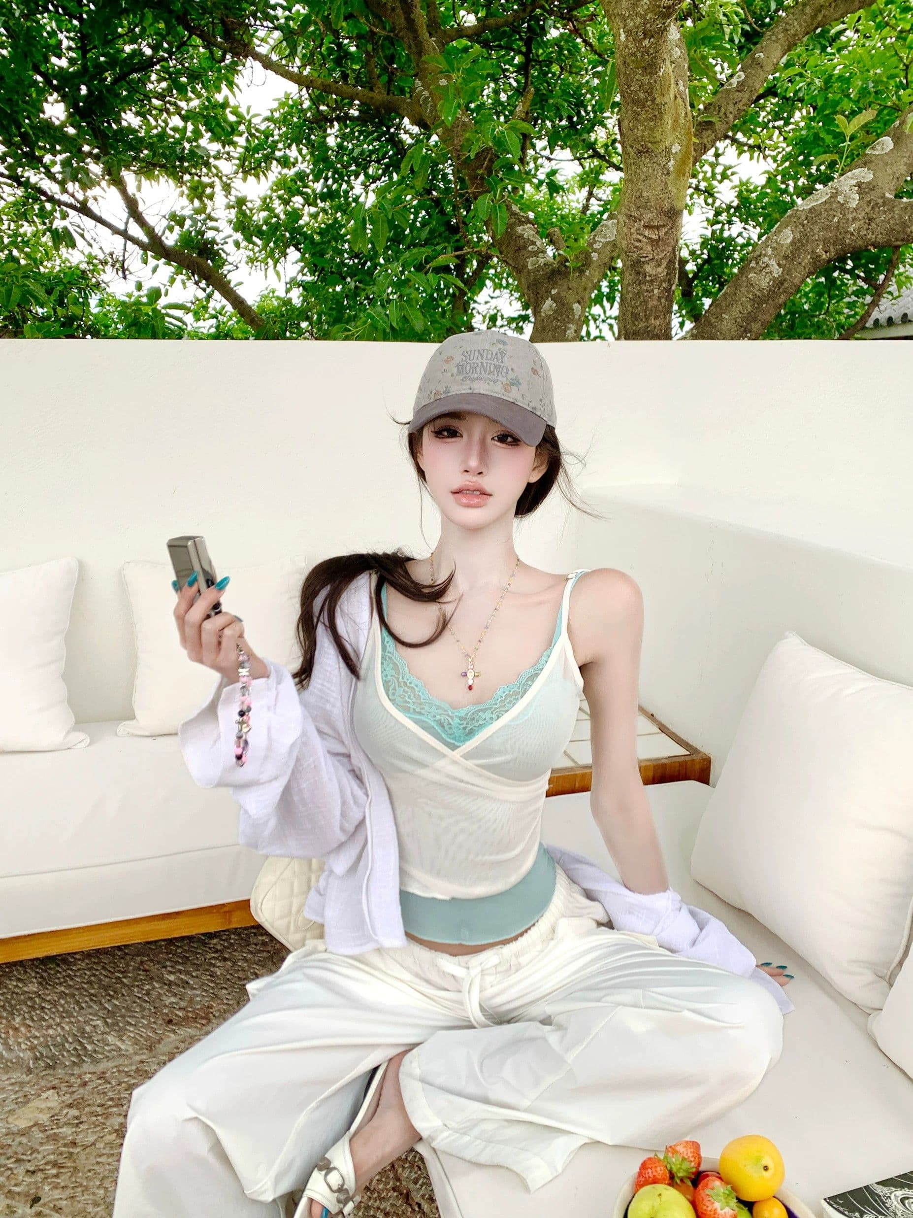 핫걸 바람 페이크 레이어드 레이스 캐미솔 여름 달콤함 핫걸 바람 V넥 몸매 가꾸기 분위기 센스 맨위 트렌디 상세 이미지 3