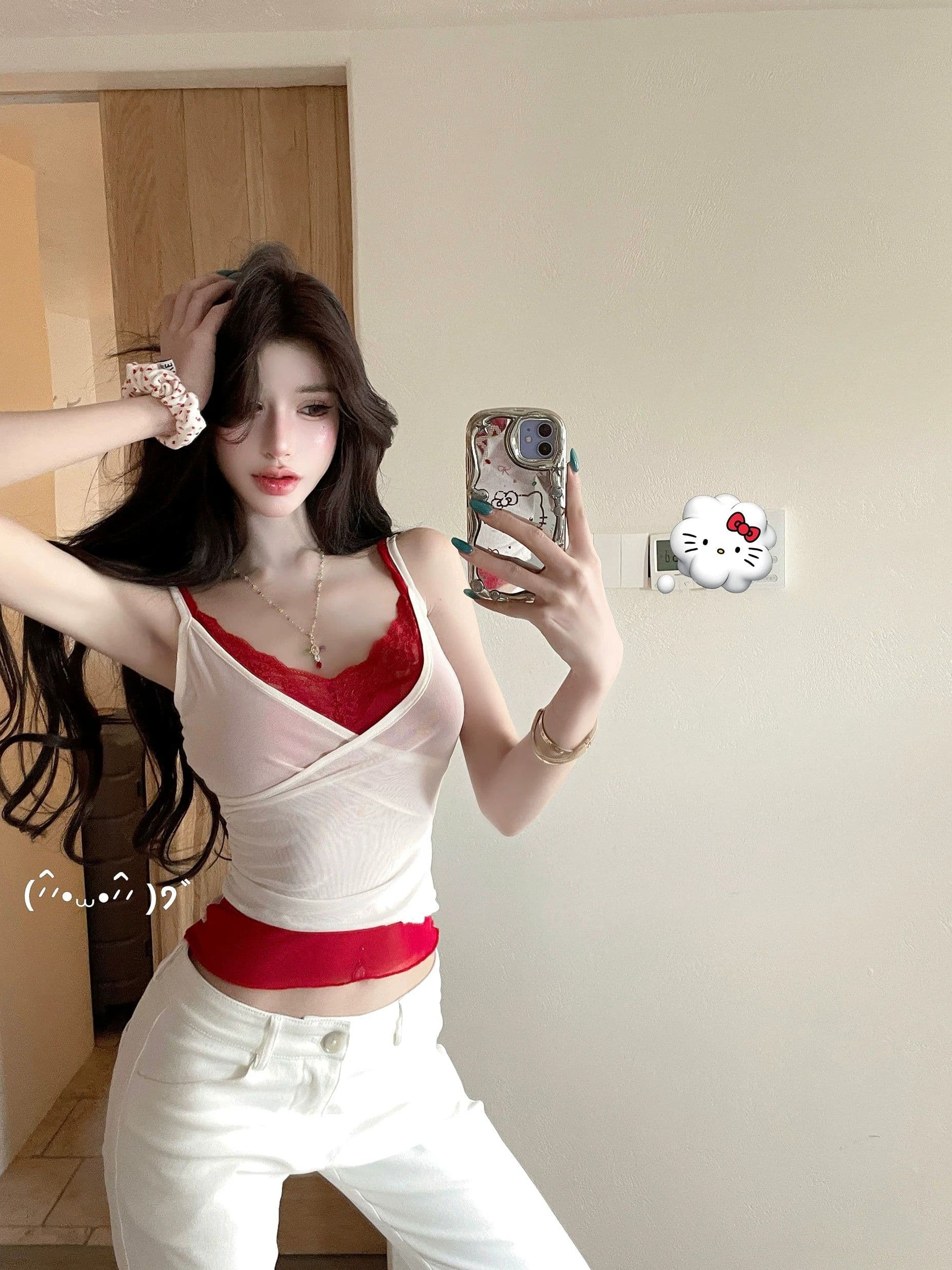 핫걸 바람 페이크 레이어드 레이스 캐미솔 여름 달콤함 핫걸 바람 V넥 몸매 가꾸기 분위기 센스 맨위 트렌디 상세 이미지 6