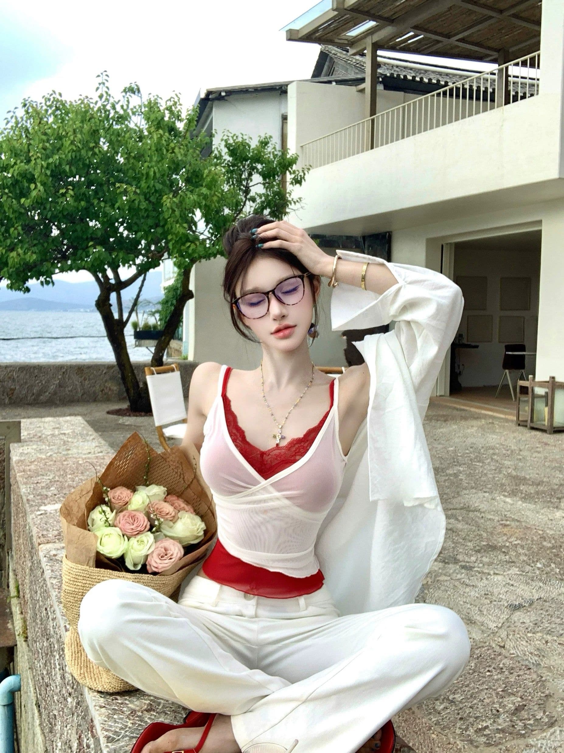 핫걸 바람 페이크 레이어드 레이스 캐미솔 여름 달콤함 핫걸 바람 V넥 몸매 가꾸기 분위기 센스 맨위 트렌디 상세 이미지 12
