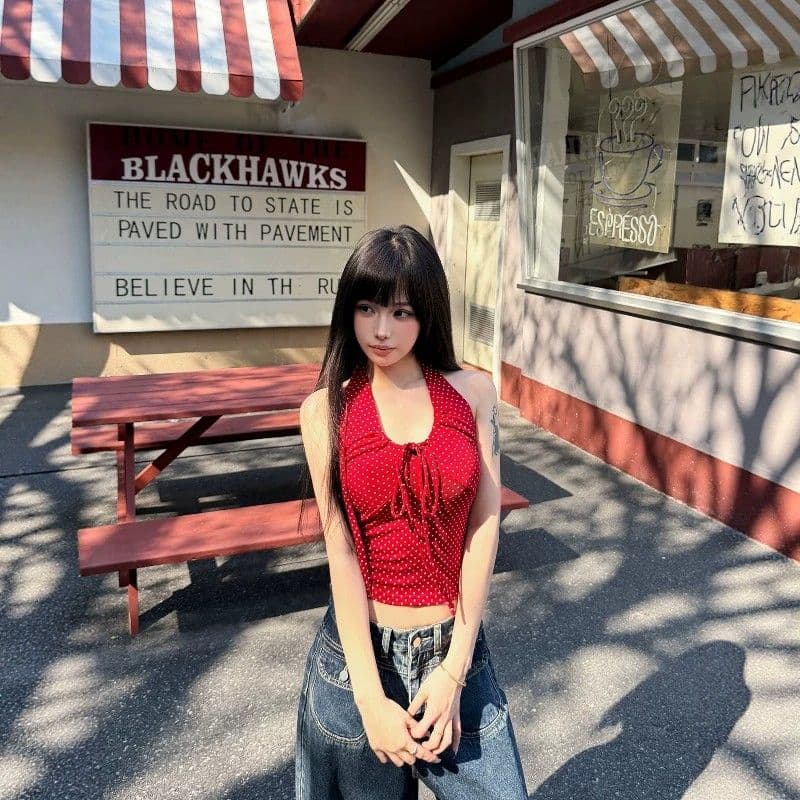핫걸 빨간색 녹색 도트 무늬 펌프 로프 행침 목 슬립 여성 여름 새로운 허리 수축 순수한 욕망 쇼트 스타일 조끼 맨위 이미지 2