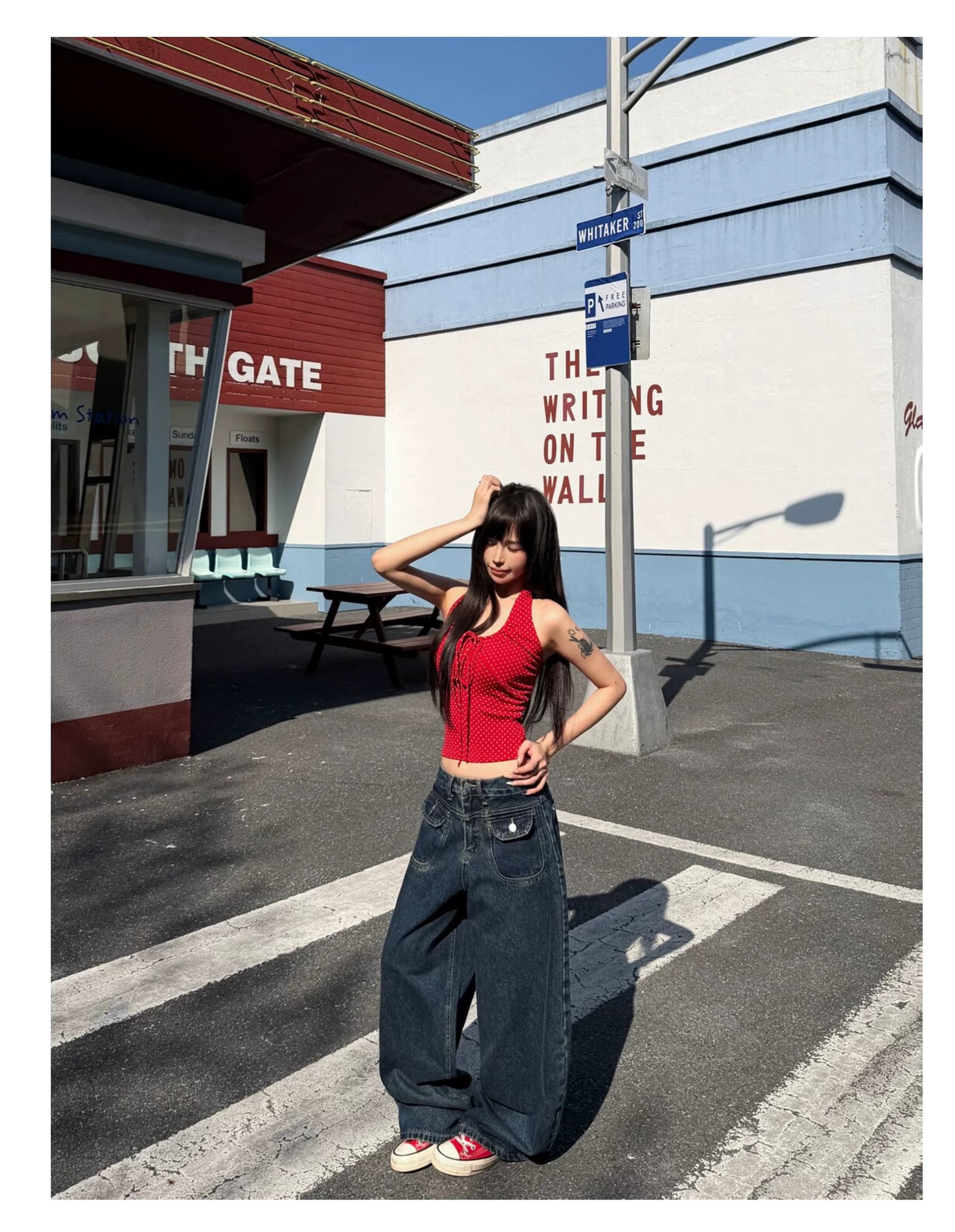 핫걸 빨간색 녹색 도트 무늬 펌프 로프 행침 목 슬립 여성 여름 새로운 허리 수축 순수한 욕망 쇼트 스타일 조끼 맨위 상세 이미지 2