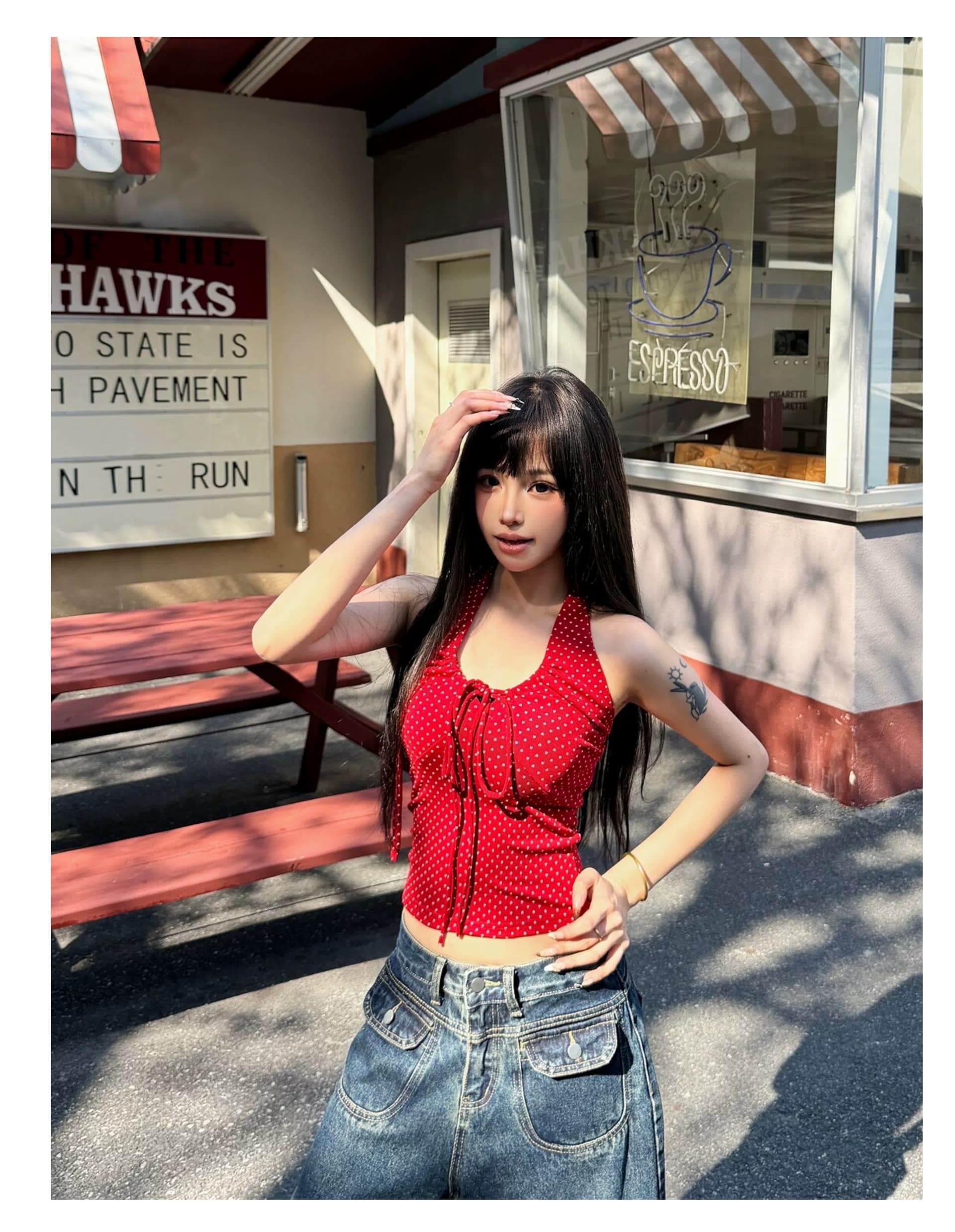 핫걸 빨간색 녹색 도트 무늬 펌프 로프 행침 목 슬립 여성 여름 새로운 허리 수축 순수한 욕망 쇼트 스타일 조끼 맨위 상세 이미지 3