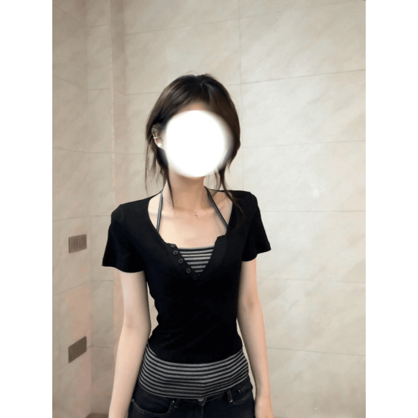40 순면 배색 스트라이프 페이크 레이어드 V넥 반팔 티셔츠 여성 여름 순수한 욕망 핫걸 쇼트 스타일 긍정적 인 어깨 의류