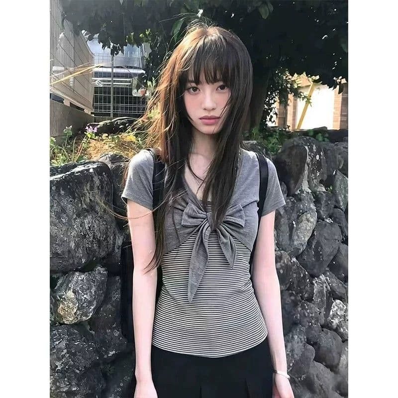 40 순면 한 부서 디자인 센스 여름 새로운 나비 매듭 페이크 레이어드 스트라이프 패치워크 반팔 티셔츠 맨위 여성 이미지 4