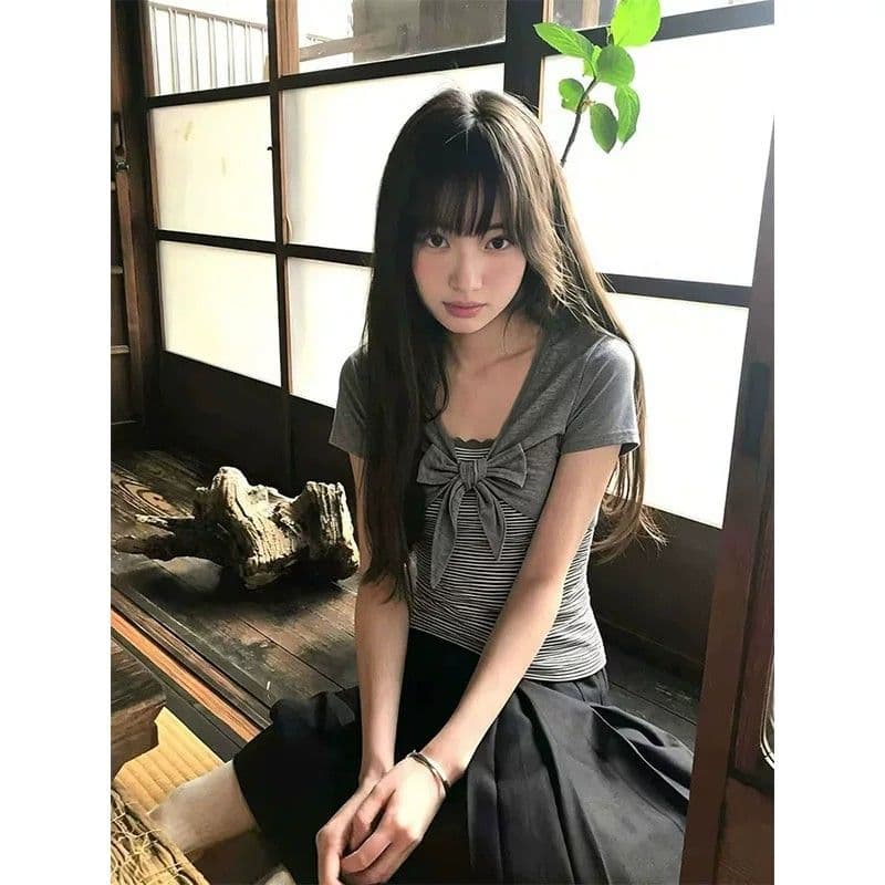 40 순면 한 부서 디자인 센스 여름 새로운 나비 매듭 페이크 레이어드 스트라이프 패치워크 반팔 티셔츠 맨위 여성 이미지 5