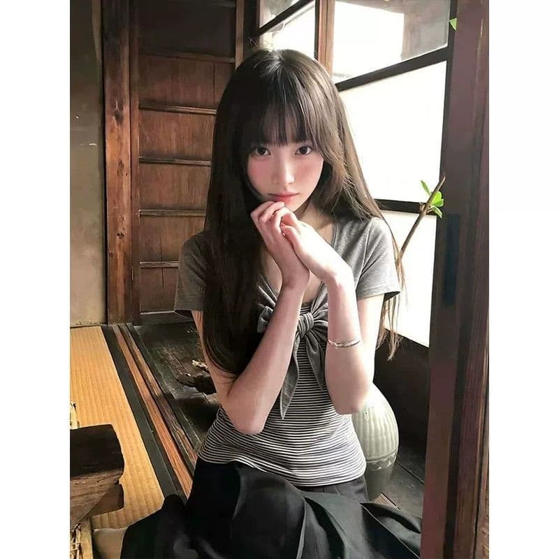 40 순면 한 부서 디자인 센스 여름 새로운 나비 매듭 페이크 레이어드 스트라이프 패치워크 반팔 티셔츠 맨위 여성 이미지 2