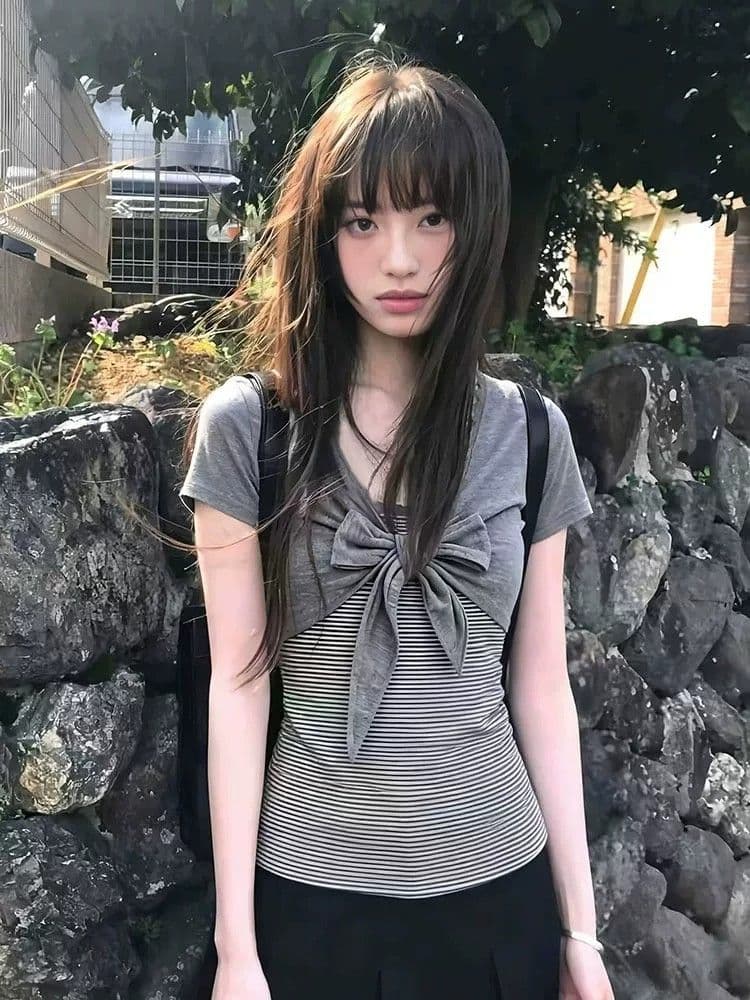 40 순면 한 부서 디자인 센스 여름 새로운 나비 매듭 페이크 레이어드 스트라이프 패치워크 반팔 티셔츠 맨위 여성 상세 이미지 1
