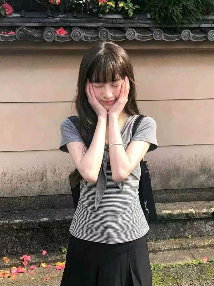 40 순면 한 부서 디자인 센스 여름 새로운 나비 매듭 페이크 레이어드 스트라이프 패치워크 반팔 티셔츠 맨위 여성 상세 이미지 2