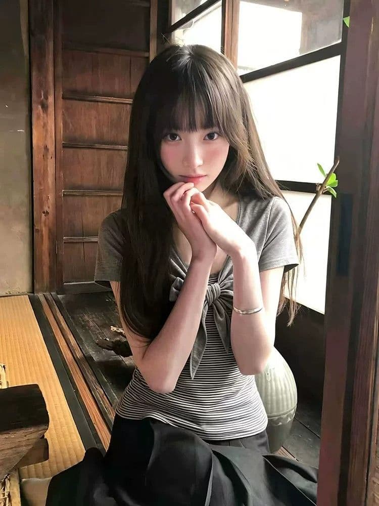 40 순면 한 부서 디자인 센스 여름 새로운 나비 매듭 페이크 레이어드 스트라이프 패치워크 반팔 티셔츠 맨위 여성 상세 이미지 3