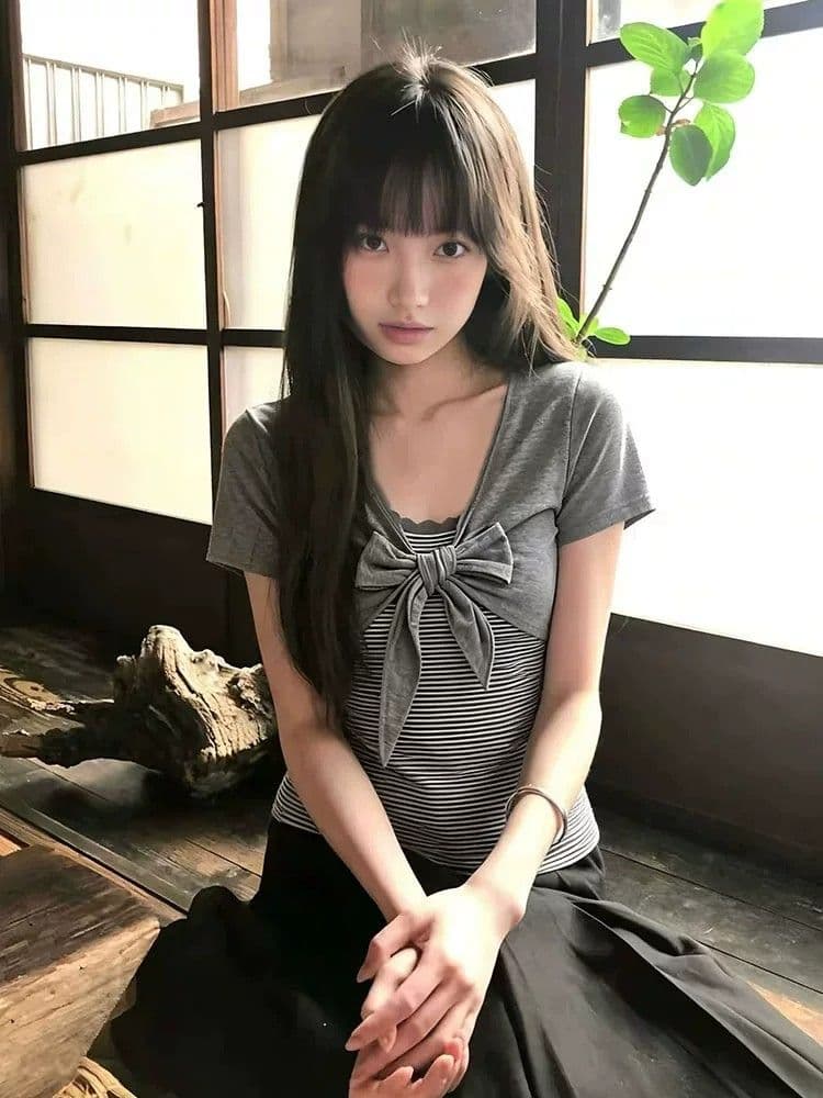 40 순면 한 부서 디자인 센스 여름 새로운 나비 매듭 페이크 레이어드 스트라이프 패치워크 반팔 티셔츠 맨위 여성 상세 이미지 4