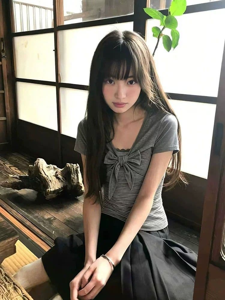 40 순면 한 부서 디자인 센스 여름 새로운 나비 매듭 페이크 레이어드 스트라이프 패치워크 반팔 티셔츠 맨위 여성 상세 이미지 5