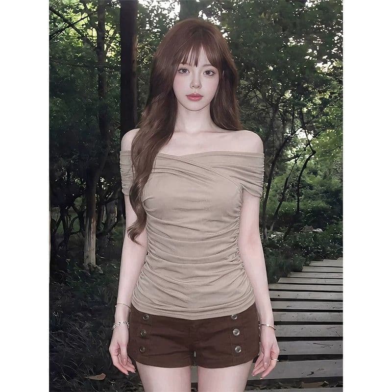 260 그램 사람들 면 디자인 센스 오프숄더 맨위 여성 여름 한 부서 펌프 Pleat 슬림해 보이는 반팔 몸매 가꾸기 핫걸 티셔츠