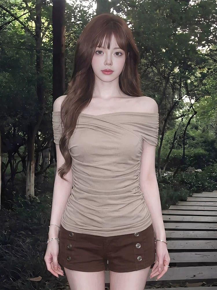260 그램 사람들 면 디자인 센스 오프숄더 맨위 여성 여름 한 부서 펌프 Pleat 슬림해 보이는 반팔 몸매 가꾸기 핫걸 티셔츠 상세 이미지 1
