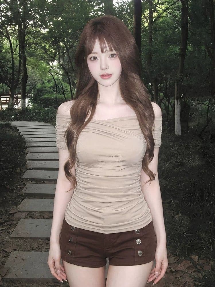 260 그램 사람들 면 디자인 센스 오프숄더 맨위 여성 여름 한 부서 펌프 Pleat 슬림해 보이는 반팔 몸매 가꾸기 핫걸 티셔츠 상세 이미지 4