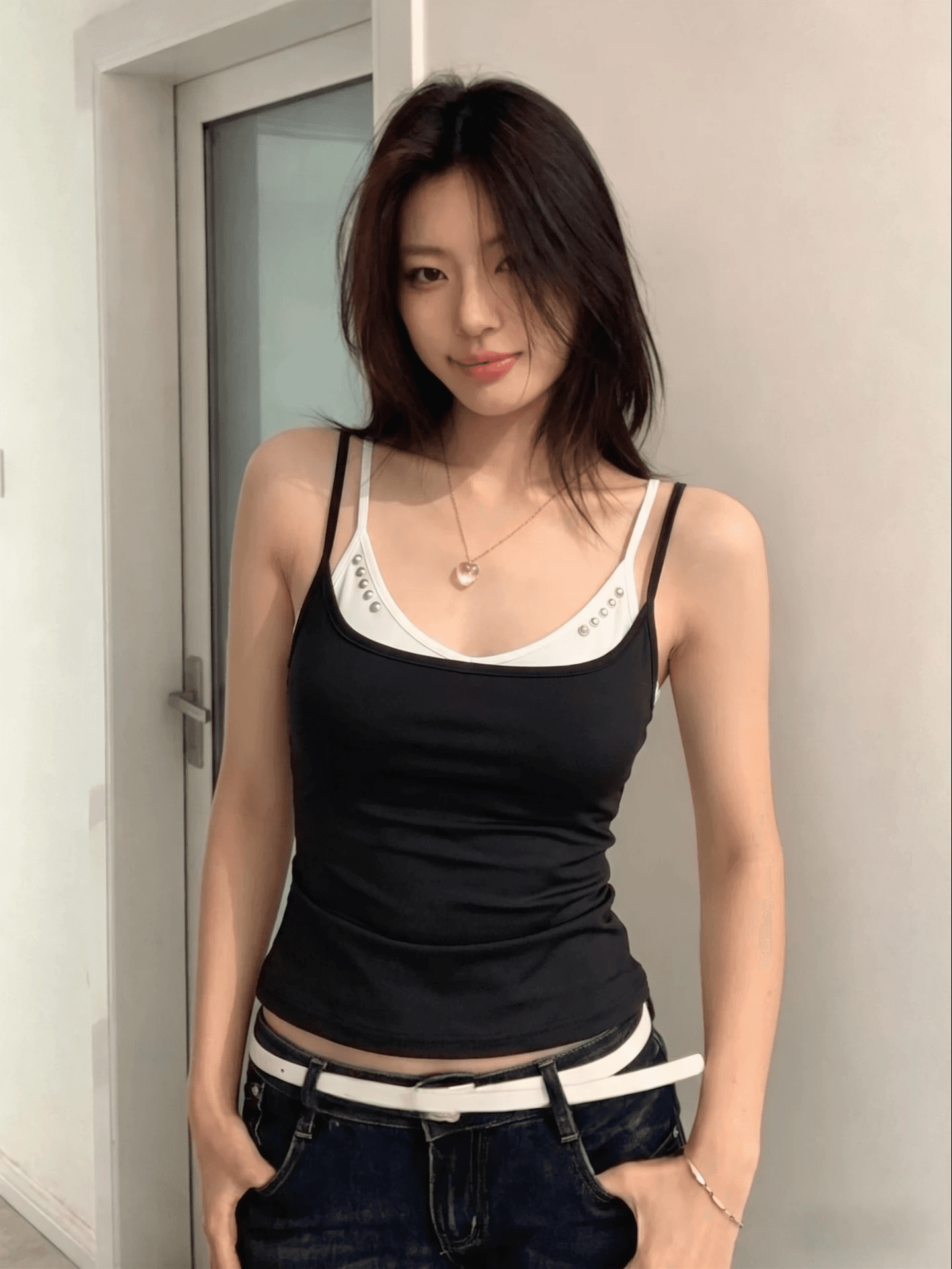 40 순면 아메리칸 핫걸 작은 대중 디자인 센스 징 배색 페이크 레이어드 캐미솔 민소매 맨위 이미지 3
