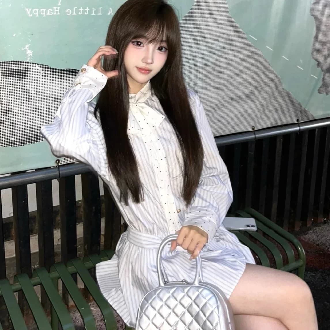 학원 스타일 나비 매듭 스트라이프 셔츠 드레스 아이들 2026 새로운 작은 키 한 부서 착용 가져 가라. 이미지 5