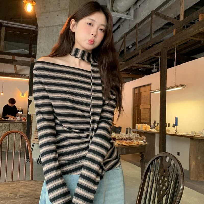 한 부서 레트로 스트라이프 오프숄더 리본 긴팔 티셔츠 여성 새로운 외국 가스 핫걸 몸매 가꾸기 허리 수축 맨위 이미지 5