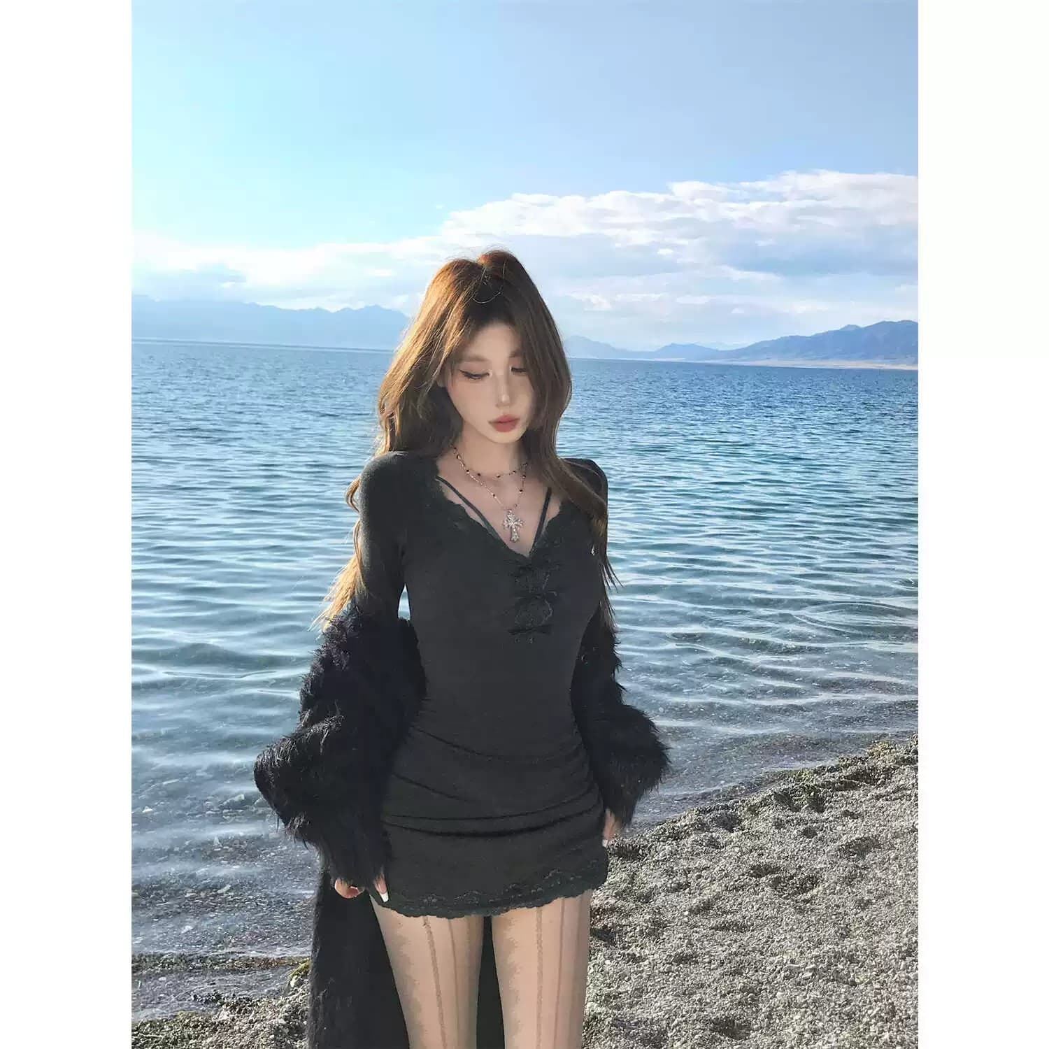 De 플러시 레이스 섹시함 여성 드레스 가을 긴팔 허리 수축 순수한 욕망 슬립 드레스 이미지 3