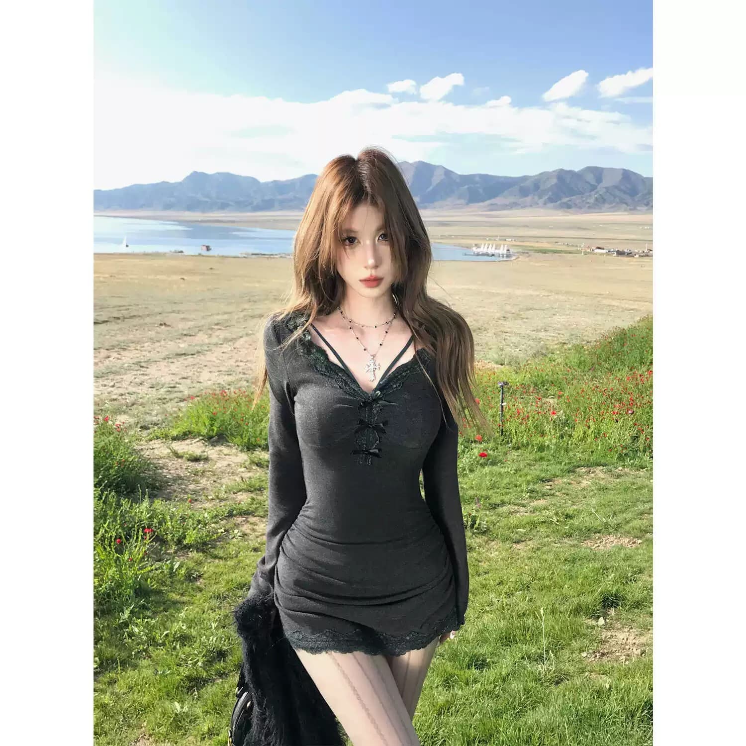 De 플러시 레이스 섹시함 여성 드레스 가을 긴팔 허리 수축 순수한 욕망 슬립 드레스