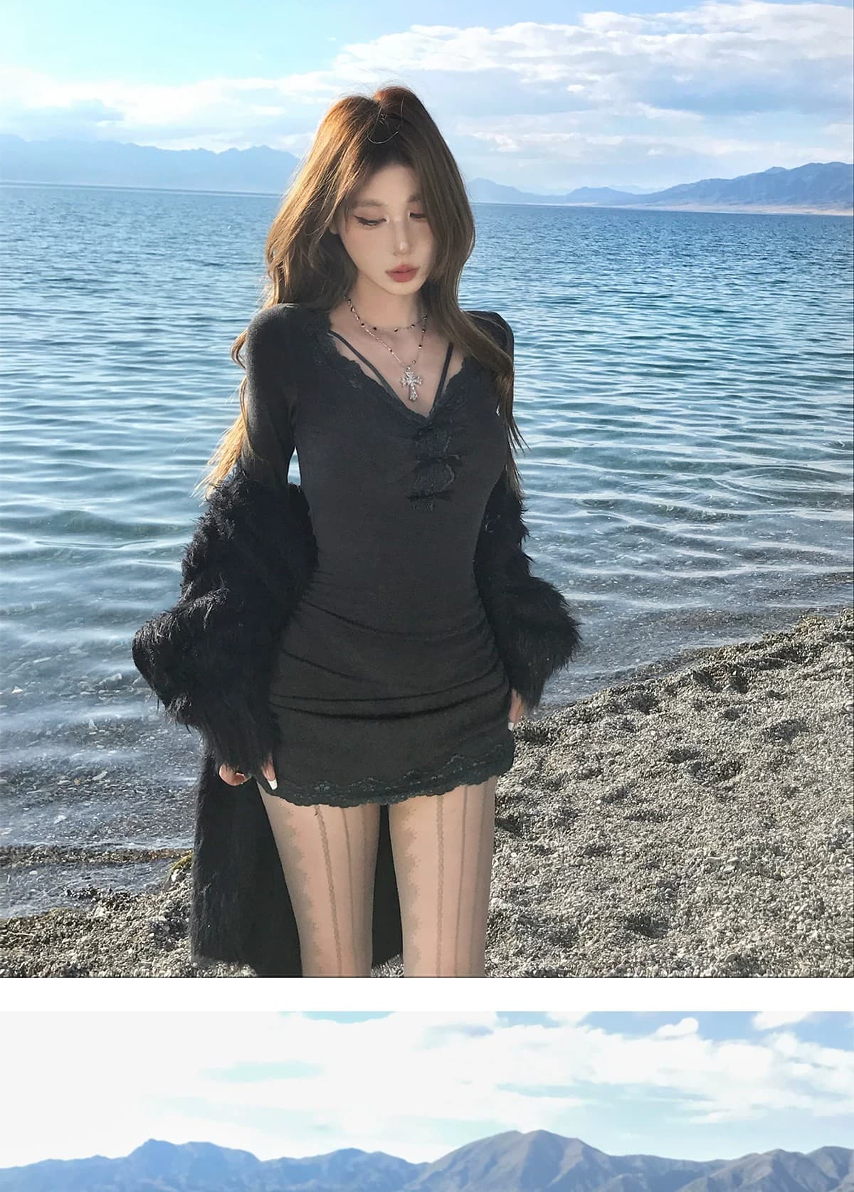 De 플러시 레이스 섹시함 여성 드레스 가을 긴팔 허리 수축 순수한 욕망 슬립 드레스 상세 이미지 4