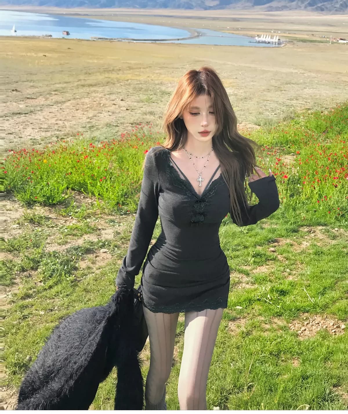 De 플러시 레이스 섹시함 여성 드레스 가을 긴팔 허리 수축 순수한 욕망 슬립 드레스 상세 이미지 5