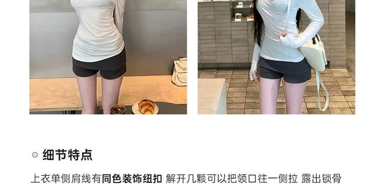 사람들 면 한 부서 화이트 비스듬한 어깨 긴팔 티셔츠 여성 얇은 스타일 몸매 가꾸기 한국 스타일 슬림해 보이는 비대칭 오프숄더 캐주얼 맨위 상세 이미지 14