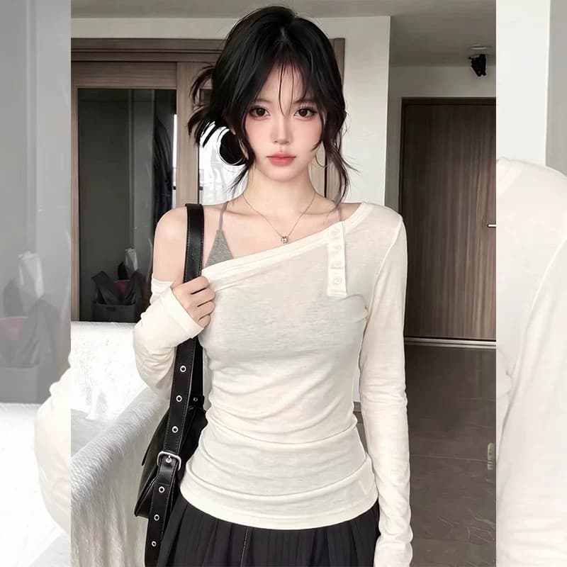 사람들 면 한 부서 화이트 비스듬한 어깨 긴팔 티셔츠 여성 얇은 스타일 몸매 가꾸기 한국 스타일 슬림해 보이는 비대칭 오프숄더 캐주얼 맨위 이미지 4