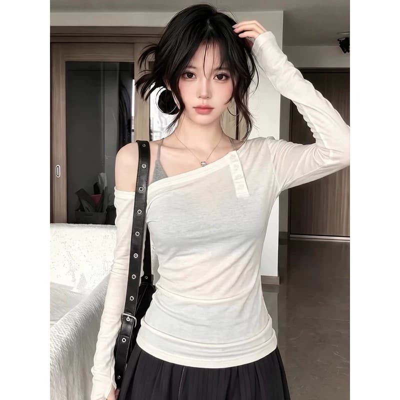 사람들 면 한 부서 화이트 비스듬한 어깨 긴팔 티셔츠 여성 얇은 스타일 몸매 가꾸기 한국 스타일 슬림해 보이는 비대칭 오프숄더 캐주얼 맨위 이미지 5