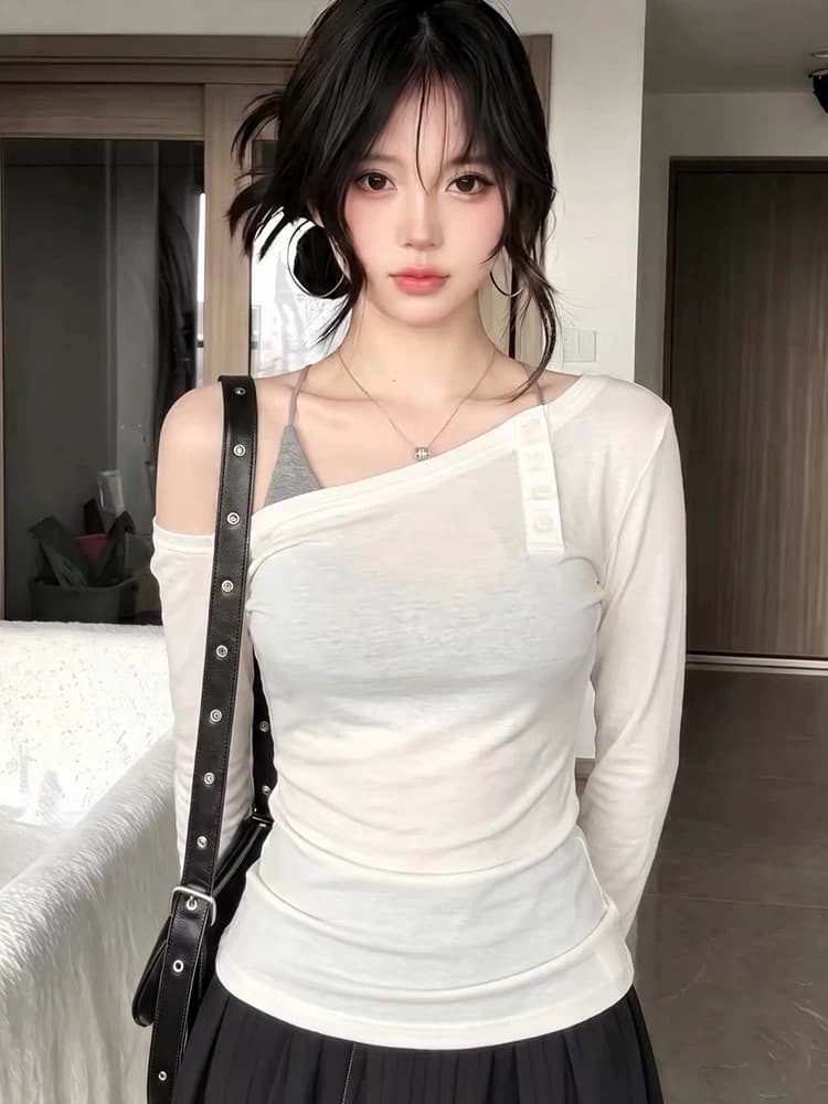 사람들 면 한 부서 화이트 비스듬한 어깨 긴팔 티셔츠 여성 얇은 스타일 몸매 가꾸기 한국 스타일 슬림해 보이는 비대칭 오프숄더 캐주얼 맨위 상세 이미지 5