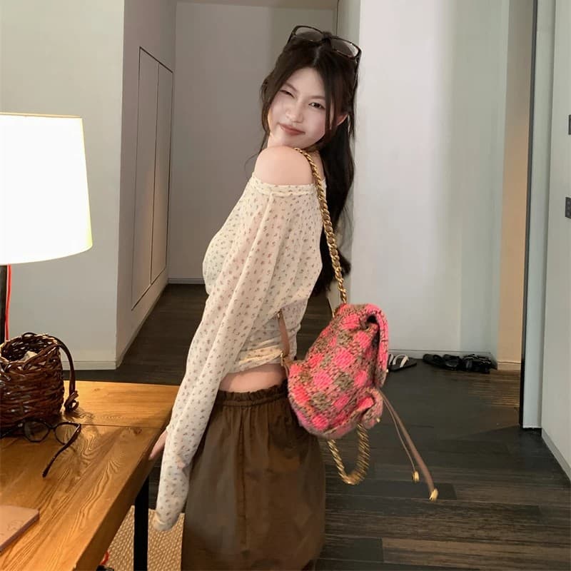 주간 실크 리브 비스듬한 어깨 펌프 Pleat 허리 수축 디자인 꽃무늬 긴팔 티셔츠 이미지 5