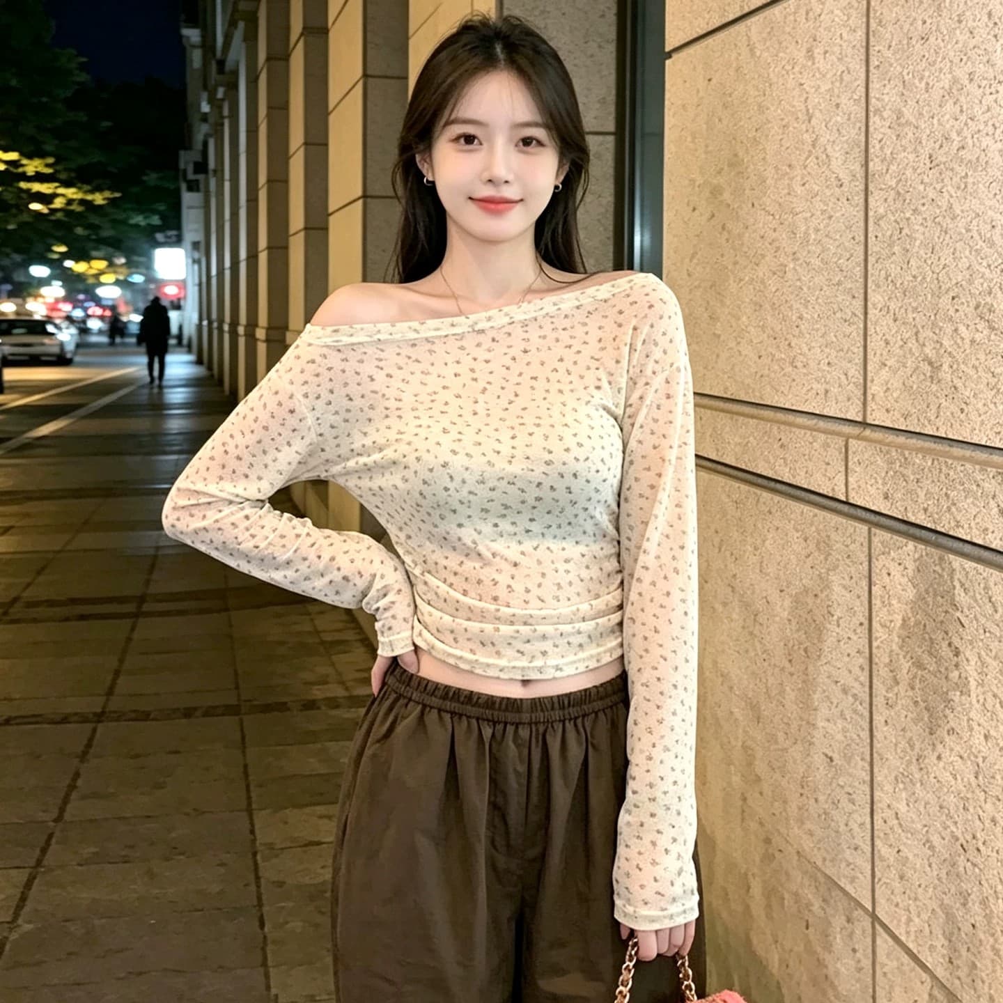 주간 실크 리브 비스듬한 어깨 펌프 Pleat 허리 수축 꽃무늬 긴팔 티셔츠 여성 한 부서 고유 한 아름다운 몸매 가꾸기 슬림해 보이는 맨위 상세 이미지 2