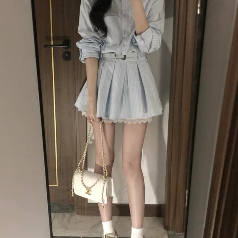 벨트 포함 스트라이프 긴팔 여성 드레스 가을 새로운 레이스 조각 작은 키 허리 수축 셔츠 치마 이미지 2