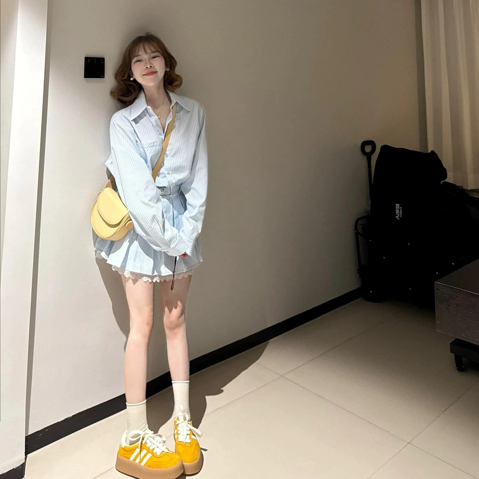 벨트 포함 스트라이프 긴팔 여성 드레스 가을 새로운 레이스 조각 작은 키 허리 수축 셔츠 치마 이미지 5