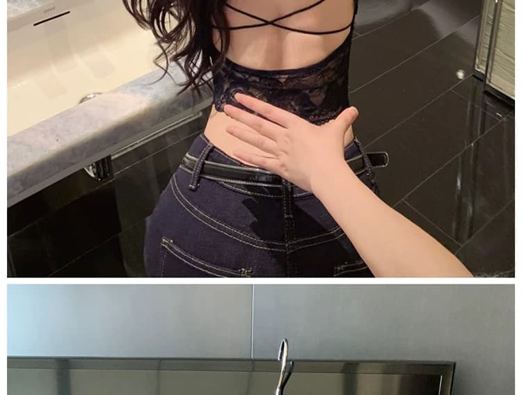 사람들 면 260 그램 순수한 욕망 레이스 레이스 V넥 긴팔 티셔츠 여성 가을 섹시함 백리스 맨위 핫걸 작은 셔츠 상세 이미지 2
