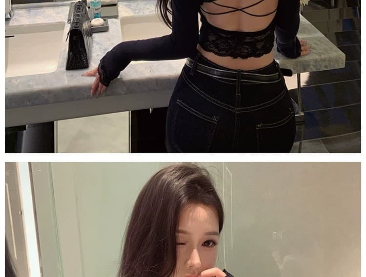 사람들 면 260 그램 순수한 욕망 레이스 레이스 V넥 긴팔 티셔츠 여성 가을 섹시함 백리스 맨위 핫걸 작은 셔츠 상세 이미지 16