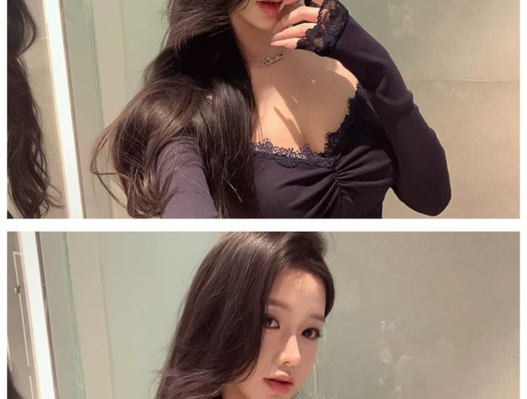 사람들 면 260 그램 순수한 욕망 레이스 레이스 V넥 긴팔 티셔츠 여성 가을 섹시함 백리스 맨위 핫걸 작은 셔츠 상세 이미지 17