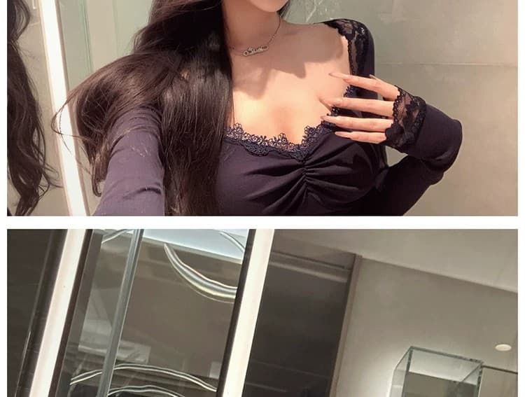 사람들 면 260 그램 순수한 욕망 레이스 레이스 V넥 긴팔 티셔츠 여성 가을 섹시함 백리스 맨위 핫걸 작은 셔츠 상세 이미지 18
