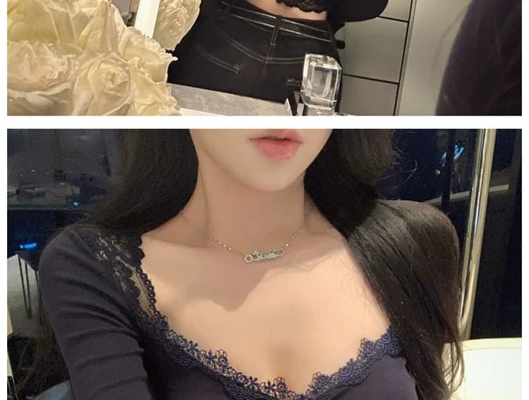 사람들 면 260 그램 순수한 욕망 레이스 레이스 V넥 긴팔 티셔츠 여성 가을 섹시함 백리스 맨위 핫걸 작은 셔츠 상세 이미지 20