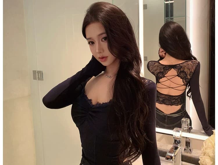 사람들 면 260 그램 순수한 욕망 레이스 레이스 V넥 긴팔 티셔츠 여성 가을 섹시함 백리스 맨위 핫걸 작은 셔츠 상세 이미지 26