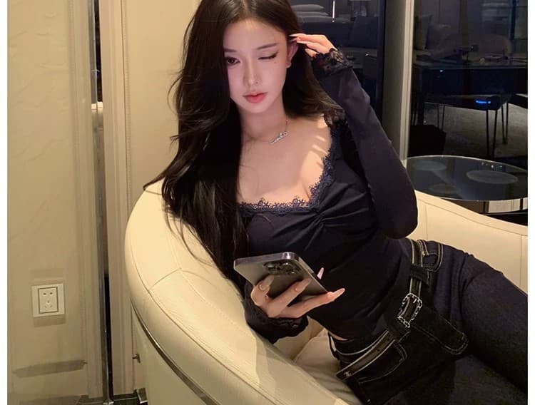 사람들 면 260 그램 순수한 욕망 레이스 레이스 V넥 긴팔 티셔츠 여성 가을 섹시함 백리스 맨위 핫걸 작은 셔츠 상세 이미지 28