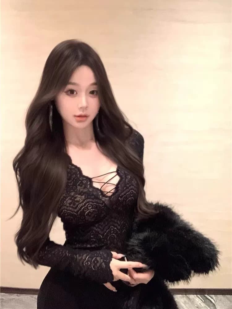 순수한 욕망 바람 화이트 V넥 긴팔 레이스 셔츠 티셔츠 여성 가을 겨울 기본 셔츠 몸매 가꾸기 인사이드 잡아라. 의류