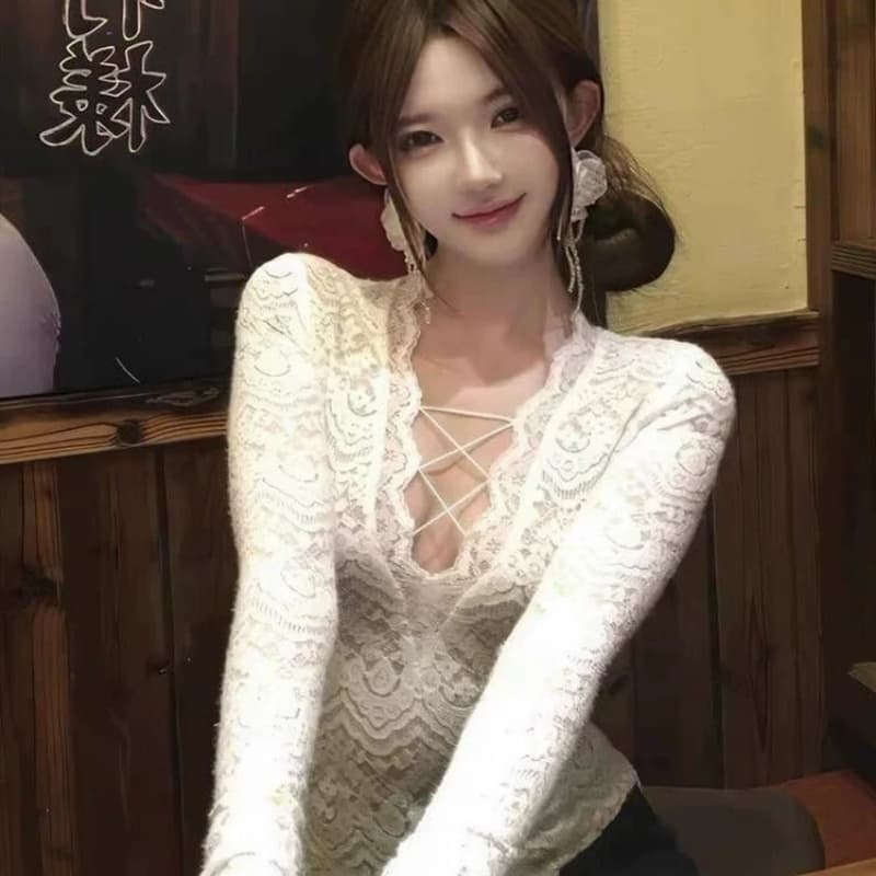 순수한 욕망 핫걸 레이스 맨위 여성 새로운 섹시함 V넥 품격 몸매 가꾸기 인사이드 가져 가라. 기본 셔츠 가을 이미지 3