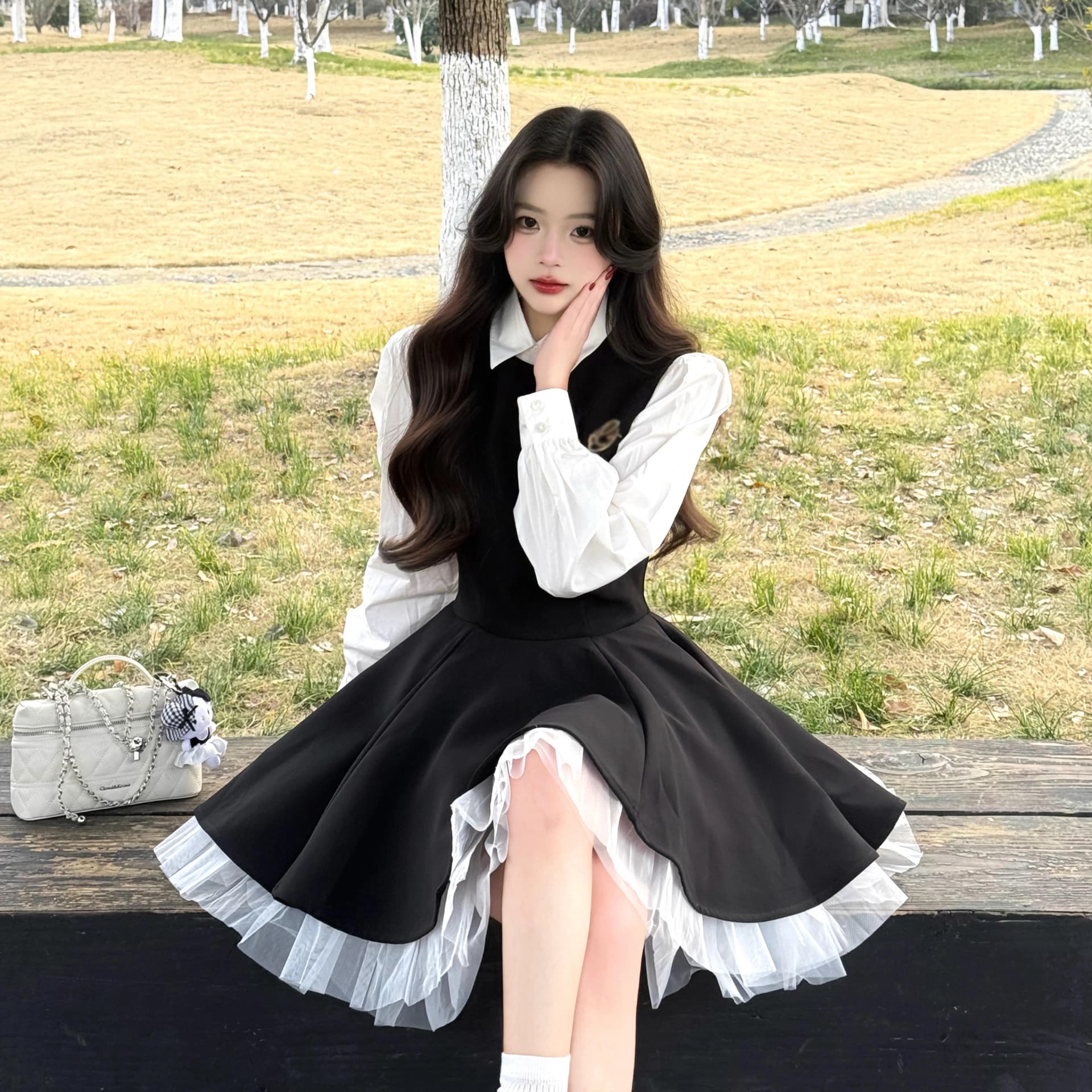 투피스 세트 벨트 브로치 검정색 여성 드레스 가을 망사 배색 공주 퍼프 스커트 화이트 맨위 이미지 3