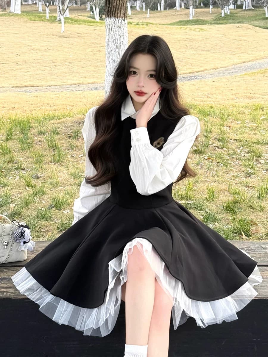 투피스 세트 벨트 브로치 검정색 여성 드레스 가을 망사 배색 공주 퍼프 스커트 화이트 맨위 상세 이미지 1