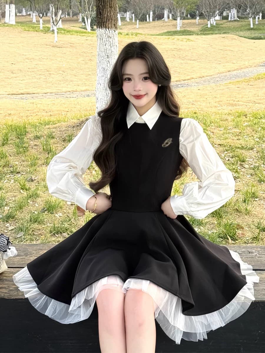 투피스 세트 벨트 브로치 검정색 여성 드레스 가을 망사 배색 공주 퍼프 스커트 화이트 맨위 상세 이미지 2