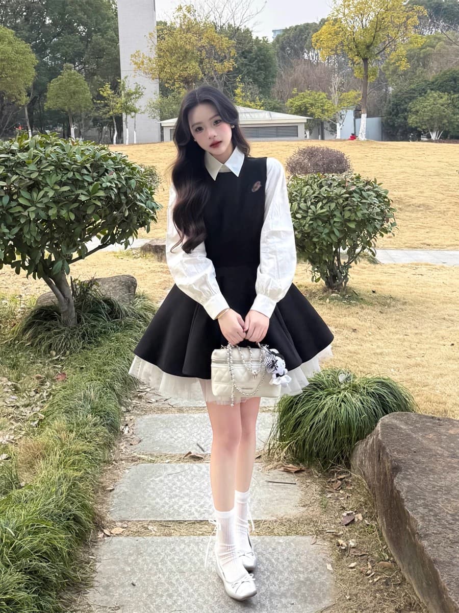투피스 세트 벨트 브로치 검정색 여성 드레스 가을 망사 배색 공주 퍼프 스커트 화이트 맨위 상세 이미지 5