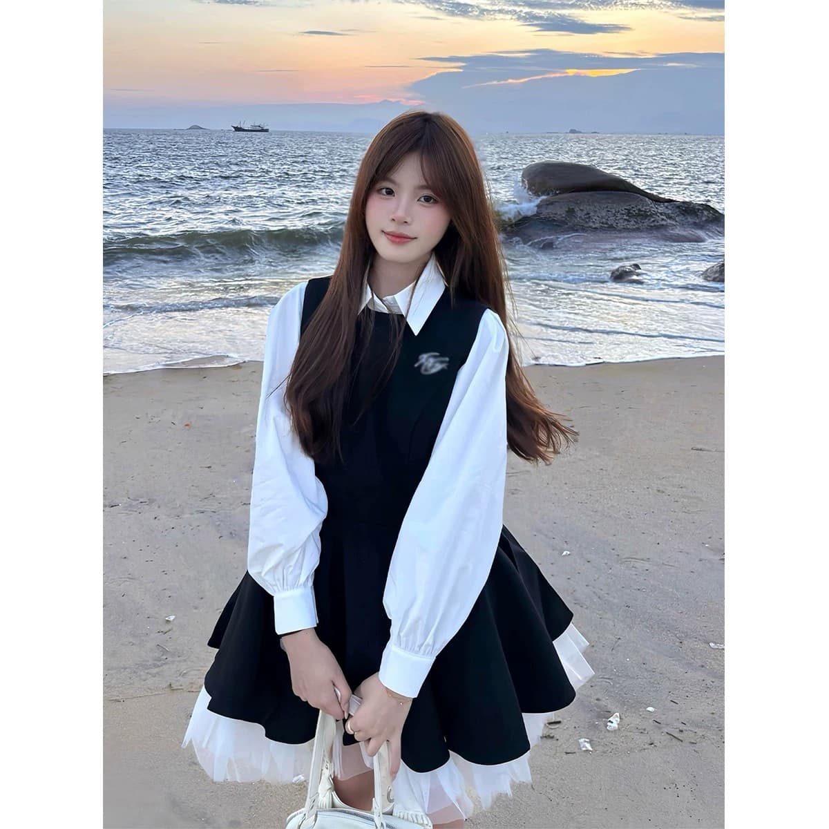 투피스 세트 벨트 브로치 검정색 여성 드레스 가을 망사 배색 공주 퍼프 스커트 화이트 맨위 이미지 2