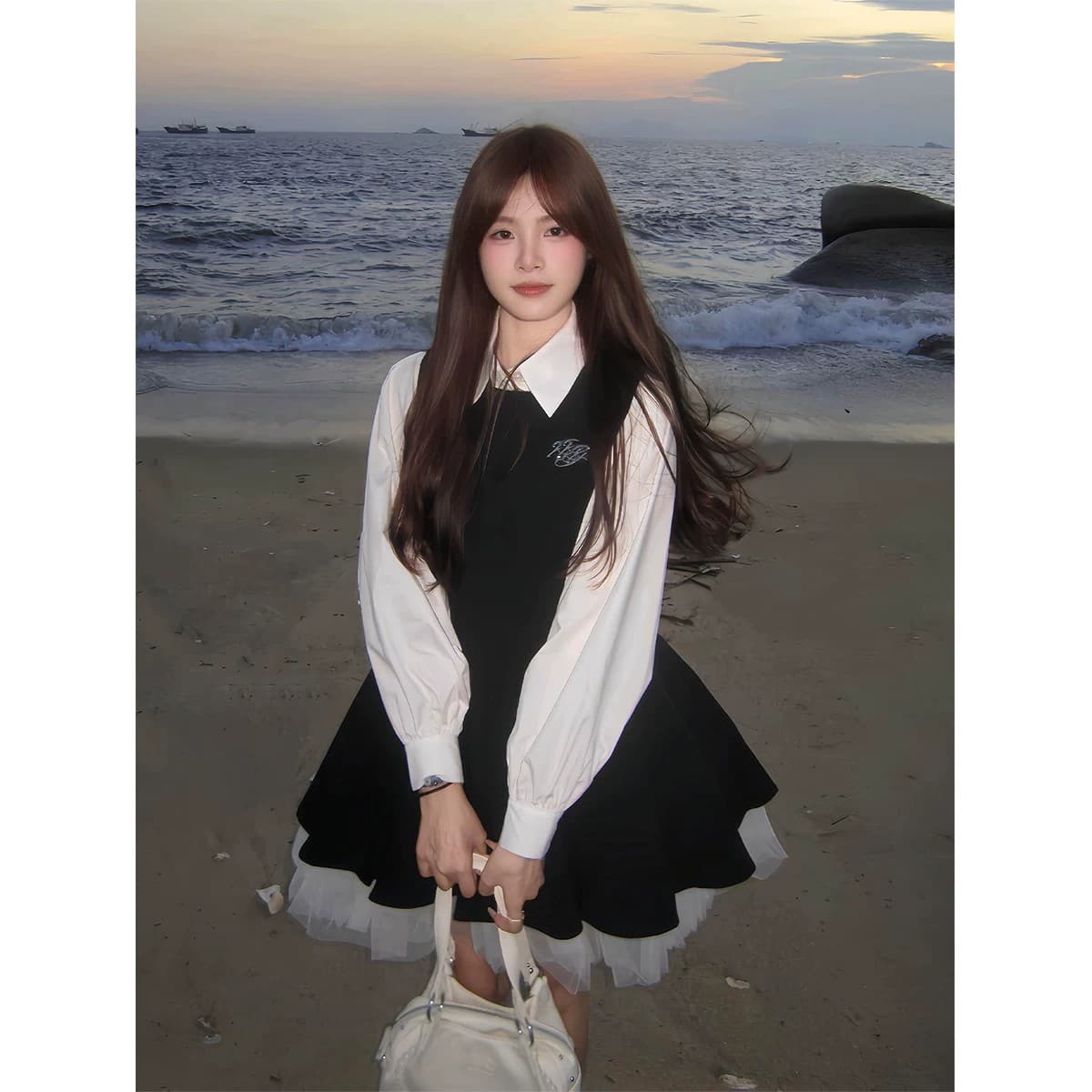 투피스 세트 벨트 브로치 검정색 여성 드레스 가을 망사 배색 공주 퍼프 스커트 화이트 맨위