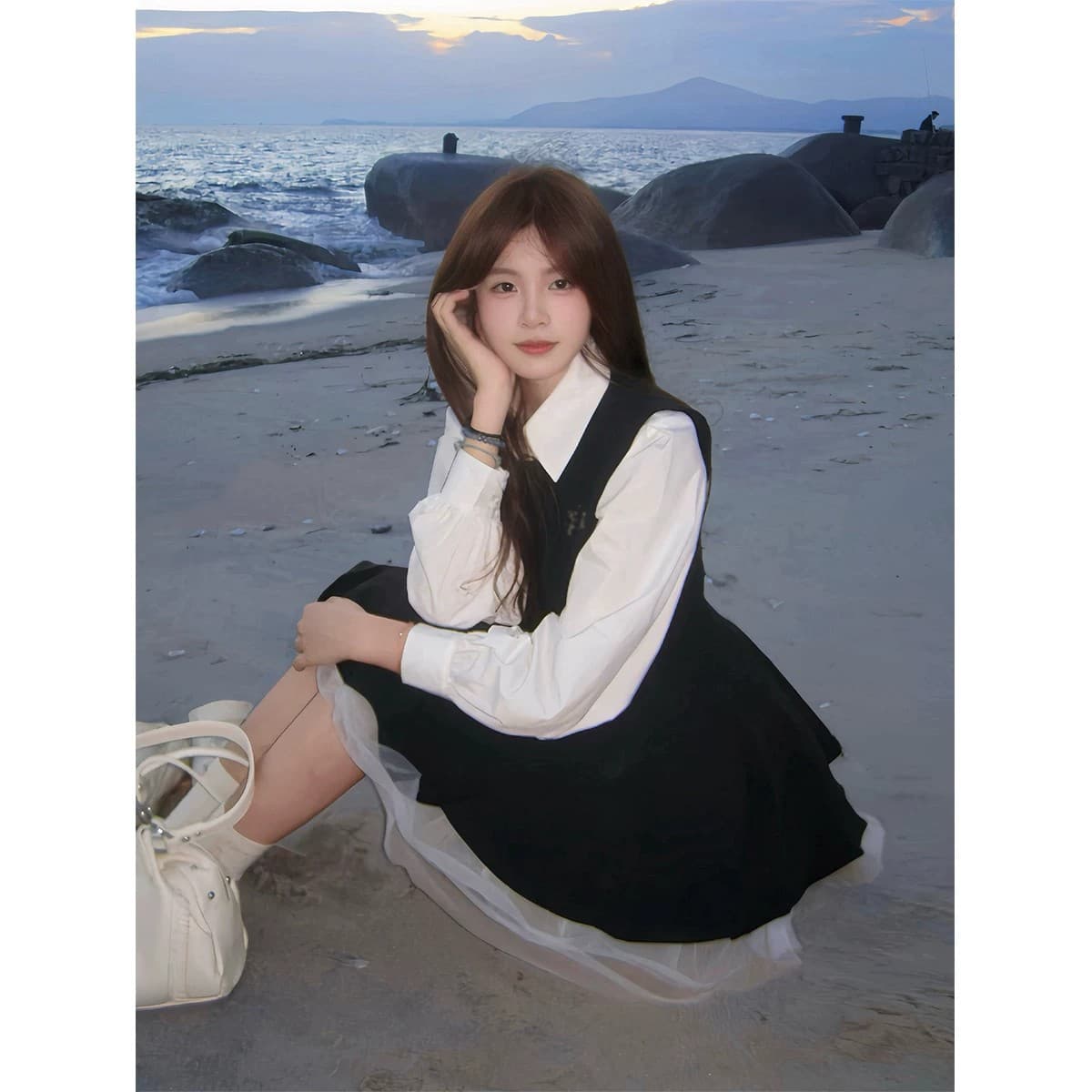 투피스 세트 벨트 브로치 검정색 여성 드레스 가을 망사 배색 공주 퍼프 스커트 화이트 맨위 이미지 4