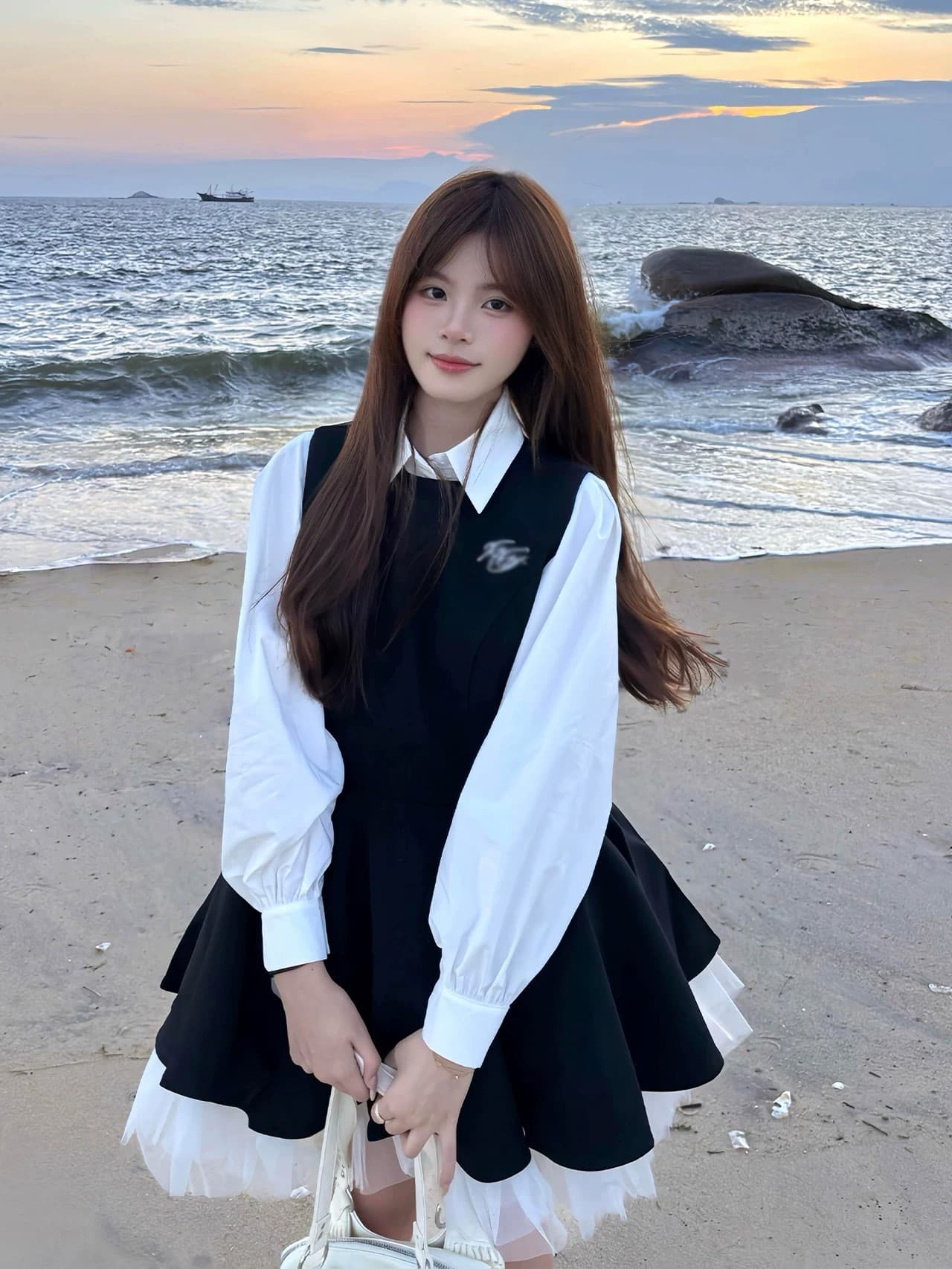 투피스 세트 벨트 브로치 검정색 여성 드레스 가을 망사 배색 공주 퍼프 스커트 화이트 맨위 상세 이미지 1